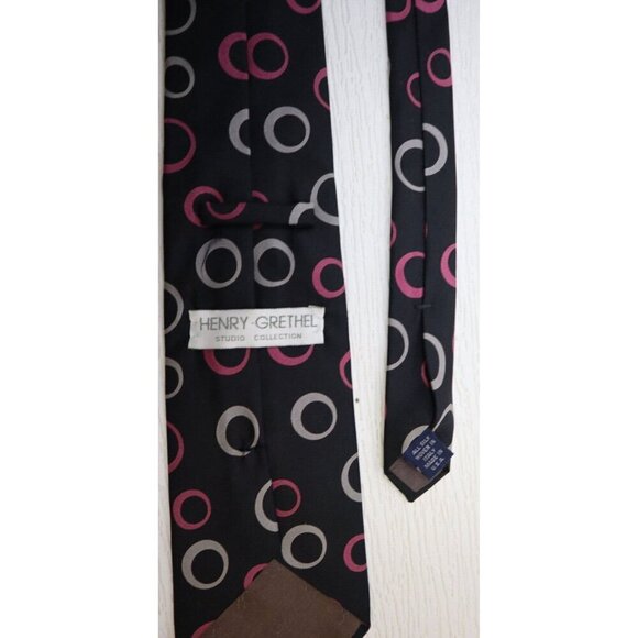 HENRY GRETHEL - MEN'S BLACK PINK GRAY PRINT PRINT 100% SILK TIE- MADE IN USA - Picture 6 of 7